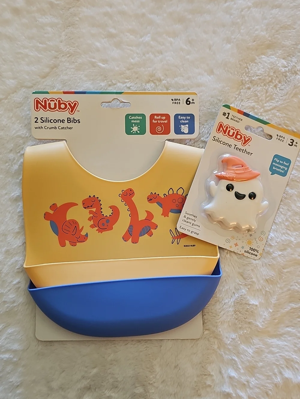 Nuby Kids Silicone Bib Set with Dino Print/Outer Space & Silcone Teether